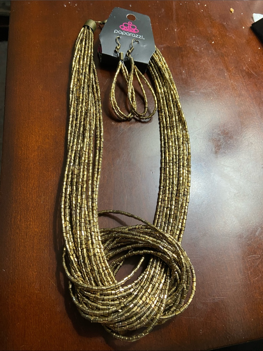 paparazzi Metallic Gold Multi-Strand Beaded Necklace with Matching Earrings